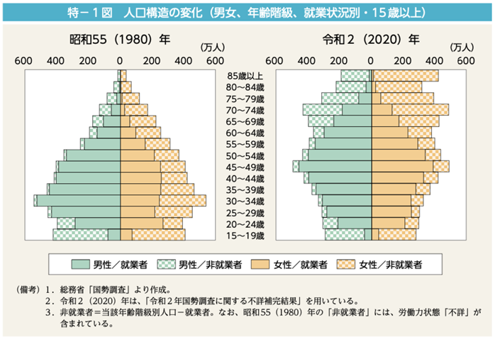 人口構造の変化（男女、年齢階級、就業状況別・15歳以上）