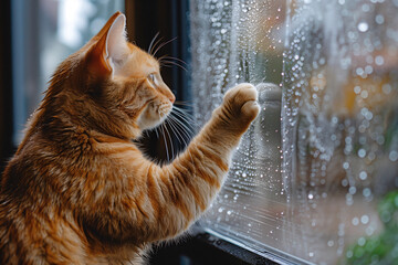 窓の外を眺めるネコ