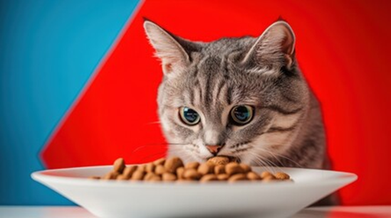 ごはんを見つめるネコ