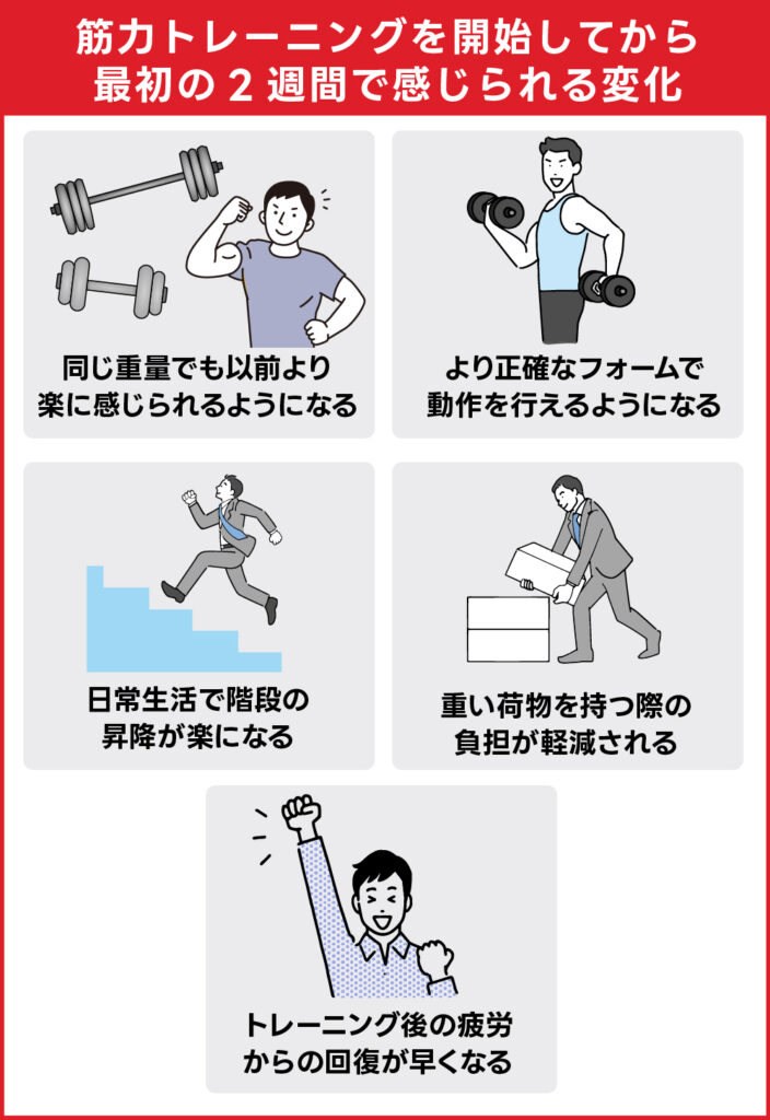 筋力トレーニングを開始してから最初の2週間で感じられる変化