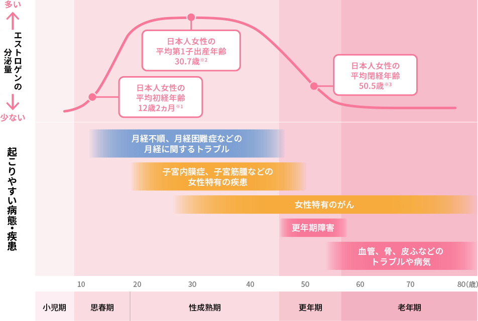 女性のライフステージごとのエストロゲン分泌量と起こりやすい病態・疾患