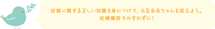 妊娠に関する正しい知識を身につけて、元気な赤ちゃんを迎えよう。妊婦健診もわすれずに！