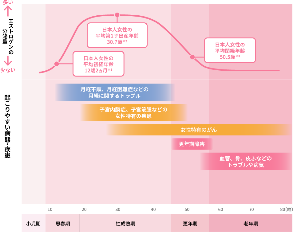 女性のライフステージごとのエストロゲン分泌量と起こりやすい病態・疾患