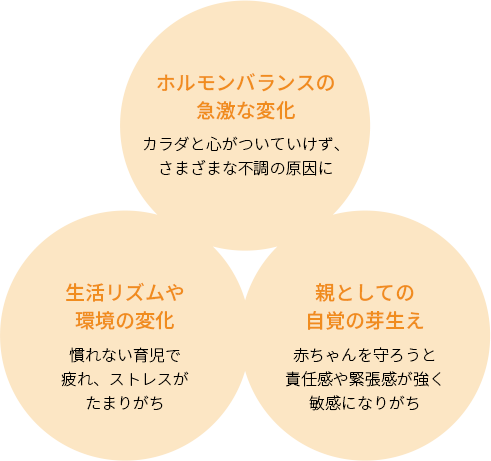 ホルモンバランスの 急激な変化 カラダと心がついていけず、さまざまな不調の原因に
            生活リズムや 環境の変化 慣れない育児で 疲れ、ストレスが たまりがち
            親としての 自覚の芽生え 赤ちゃんを守ろうと 責任感や緊張感が強く 敏感になりがち